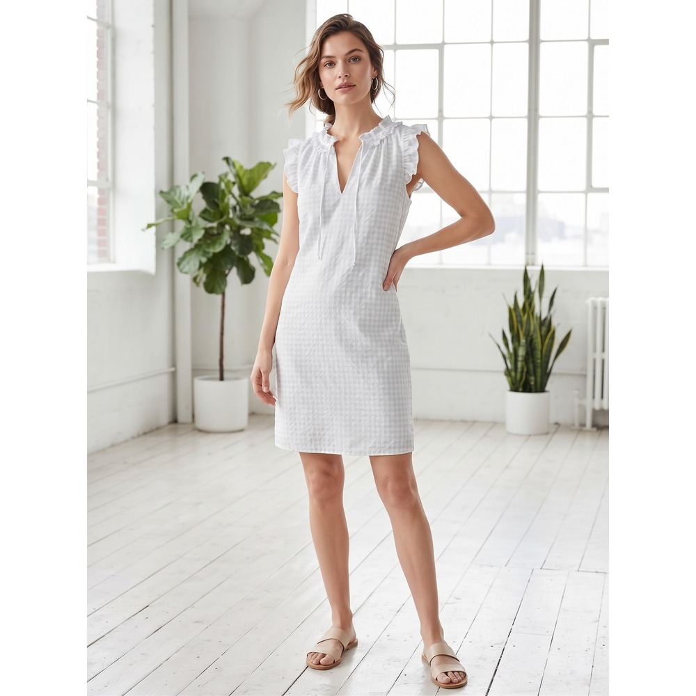 Biltmore White Gingham Ruffle Neck Tie Shift Dress Medium